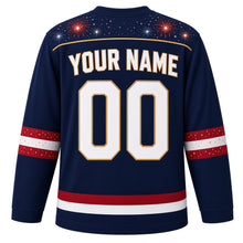 Load image into Gallery viewer, USA Patriotic Rink Fireworks Night Hockey Jersey in Fireworks Navy, back view with your name and number – a starry navy night with small firework bursts yoke with matching sleeve and hem bands