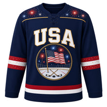 Load image into Gallery viewer, USA Patriotic Rink Fireworks Night Hockey Jersey in Fireworks Navy, front view – American flag over a frozen rink with bursting fireworks, custom name and number