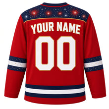 Load image into Gallery viewer, USA Patriotic Rink Fireworks Night Hockey Jersey in Sparkler Red, back view with your name and number – a starry navy night with small firework bursts yoke with matching sleeve and hem bands