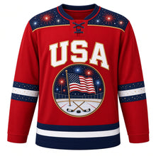 Load image into Gallery viewer, USA Patriotic Rink Fireworks Night Hockey Jersey in Sparkler Red, front view – American flag over a frozen rink with bursting fireworks, custom name and number
