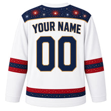 Load image into Gallery viewer, USA Patriotic Rink Fireworks Night Hockey Jersey in Frost White, back view with your name and number – a starry navy night with small firework bursts yoke with matching sleeve and hem bands