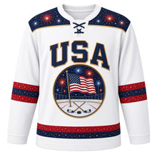 Load image into Gallery viewer, USA Patriotic Rink Fireworks Night Hockey Jersey in Frost White, front view – American flag over a frozen rink with bursting fireworks, custom name and number