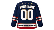 Load image into Gallery viewer, USA Patriotic Rink Legends Heritage Stripes Hockey Jersey in Legends Navy, back view with your name and number – pinstripe yoke with wide heritage triple sleeve bands and hem band