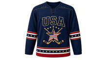 Load image into Gallery viewer, USA Patriotic Rink Legends Heritage Stripes Hockey Jersey in Legends Navy, front view – flag-striped star on crossed vintage sticks, wide heritage triple sleeve bands, pinstripe yoke, custom name and number, custom name and number