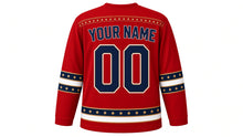Load image into Gallery viewer, USA Patriotic Rink Legends Heritage Stripes Hockey Jersey in Legends Red, back view with your name and number – pinstripe yoke with wide heritage triple sleeve bands and hem band