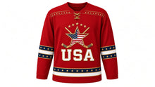 Load image into Gallery viewer, USA Patriotic Rink Legends Heritage Stripes Hockey Jersey in Legends Red, front view – flag-striped star on crossed vintage sticks, wide heritage triple sleeve bands, pinstripe yoke, custom name and number, custom name and number