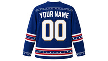 Load image into Gallery viewer, USA Patriotic Rink Legends Heritage Stripes Hockey Jersey in Throwback Blue, back view with your name and number – pinstripe yoke with wide heritage triple sleeve bands and hem band