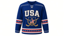 Load image into Gallery viewer, USA Patriotic Rink Legends Heritage Stripes Hockey Jersey in Throwback Blue, front view – flag-striped star on crossed vintage sticks, wide heritage triple sleeve bands, pinstripe yoke, custom name and number, custom name and number