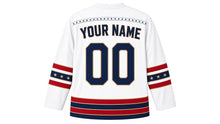 Load image into Gallery viewer, USA Patriotic Rink Legends Heritage Stripes Hockey Jersey in Rink White, back view with your name and number – pinstripe yoke with wide heritage triple sleeve bands and hem band