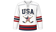 Load image into Gallery viewer, USA Patriotic Rink Legends Heritage Stripes Hockey Jersey in Rink White, front view – flag-striped star on crossed vintage sticks, wide heritage triple sleeve bands, pinstripe yoke, custom name and number, custom name and number