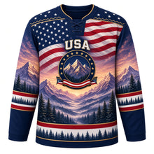 Load image into Gallery viewer, USA Patriotic Rocky Mountain Majesty Hockey Jersey in Summit Navy, front view – snow-capped purple mountains at dawn under a waving American flag sky, custom name and number