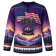 Load image into Gallery viewer, USA Patriotic Rocky Mountain Majesty Hockey Jersey in Alpenglow Purple, front view – snow-capped purple mountains at dawn under a waving American flag sky, custom name and number