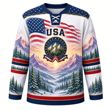 Load image into Gallery viewer, USA Patriotic Rocky Mountain Majesty Hockey Jersey in Glacier White, front view – snow-capped purple mountains at dawn under a waving American flag sky, custom name and number