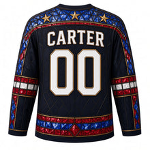 Load image into Gallery viewer, USA Patriotic Stained Glass Stars Hockey Jersey in Leadline Charcoal, back view with your name and number – a decorative yoke of small sapphire and gold glass star panes with lead lines yoke, matching sleeve and hem bands