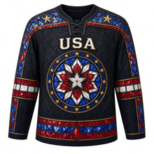Load image into Gallery viewer, USA Patriotic Stained Glass Stars Hockey Jersey in Leadline Charcoal, front view – stained-glass mosaic of stars and stripes with a rose-window star crest, custom name and number