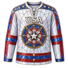 Load image into Gallery viewer, USA Patriotic Stained Glass Stars Hockey Jersey in Opal White, front view – stained-glass mosaic of stars and stripes with a rose-window star crest, custom name and number