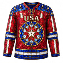Load image into Gallery viewer, USA Patriotic Stained Glass Stars Hockey Jersey in Ruby Glass, front view – stained-glass mosaic of stars and stripes with a rose-window star crest, custom name and number