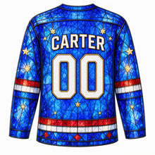 Load image into Gallery viewer, USA Patriotic Stained Glass Stars Hockey Jersey in Cathedral Sapphire, back view with your name and number – a decorative yoke of small sapphire and gold glass star panes with lead lines yoke, matching sleeve and hem bands