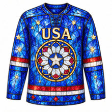 Load image into Gallery viewer, USA Patriotic Stained Glass Stars Hockey Jersey in Cathedral Sapphire, front view – stained-glass mosaic of stars and stripes with a rose-window star crest, custom name and number