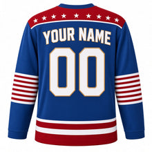 Load image into Gallery viewer, USA Patriotic Thirteen Colonies Ring Hockey Jersey in Continental Blue, back view with your name and number – a circle-of-stars pattern on navy with a thin red border yoke with matching sleeve and hem bands