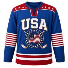 Load image into Gallery viewer, USA Patriotic Thirteen Colonies Ring Hockey Jersey in Continental Blue, front view – historic thirteen-star circle American flag in a gold rope ring, custom name and number