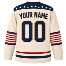 Load image into Gallery viewer, USA Patriotic Thirteen Colonies Ring Hockey Jersey in Parchment Ivory, back view with your name and number – a circle-of-stars pattern on navy with a thin red border yoke with matching sleeve and hem bands