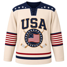 Load image into Gallery viewer, USA Patriotic Thirteen Colonies Ring Hockey Jersey in Parchment Ivory, front view – historic thirteen-star circle American flag in a gold rope ring, custom name and number