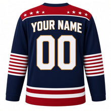 Load image into Gallery viewer, USA Patriotic Thirteen Colonies Ring Hockey Jersey in Colonial Navy, back view with your name and number – a circle-of-stars pattern on navy with a thin red border yoke with matching sleeve and hem bands