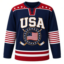 Load image into Gallery viewer, USA Patriotic Thirteen Colonies Ring Hockey Jersey in Colonial Navy, front view – historic thirteen-star circle American flag in a gold rope ring, custom name and number