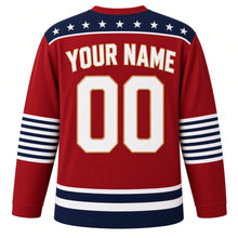 Load image into Gallery viewer, USA Patriotic Thirteen Colonies Ring Hockey Jersey in Brick Red, back view with your name and number – a circle-of-stars pattern on navy with a thin red border yoke with matching sleeve and hem bands