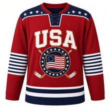 Load image into Gallery viewer, USA Patriotic Thirteen Colonies Ring Hockey Jersey in Brick Red, front view – historic thirteen-star circle American flag in a gold rope ring, custom name and number