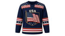 Load image into Gallery viewer, USA Patriotic Vintage Waving Flag Hockey Jersey in Vintage Navy, front view – large rippling American flag crest on a wooden pole, flowing flag-stripe yoke, custom name and number, custom name and number