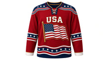 Load image into Gallery viewer, USA Patriotic Vintage Waving Flag Hockey Jersey in Ruby Red, front view – large rippling American flag crest on a wooden pole, flowing flag-stripe yoke, custom name and number, custom name and number