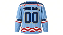 Load image into Gallery viewer, USA Patriotic Vintage Waving Flag Hockey Jersey in Faded Sky, back view with your name and number – flowing flag-stripe ripple yoke with matching sleeve and hem bands