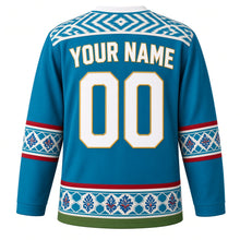 Load image into Gallery viewer, Uzbekistan Original Hockey Jersey in Samarkand Blue, back view with your name and number – ikat atlas silk yoke and Rishtan ceramic sleeve bands