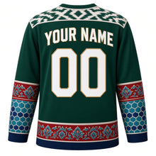 Load image into Gallery viewer, Uzbekistan Original Hockey Jersey in Fergana Green, back view with your name and number – ikat atlas silk yoke and Rishtan ceramic sleeve bands