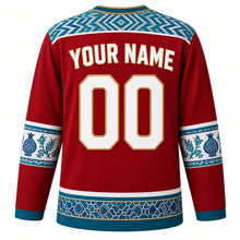 Load image into Gallery viewer, Uzbekistan Original Hockey Jersey in Pomegranate Red, back view with your name and number – ikat atlas silk yoke and Rishtan ceramic sleeve bands