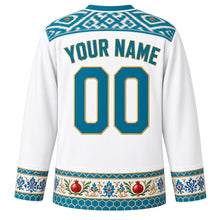 Load image into Gallery viewer, Uzbekistan Original Hockey Jersey in Cotton White, back view with your name and number – ikat atlas silk yoke and Rishtan ceramic sleeve bands