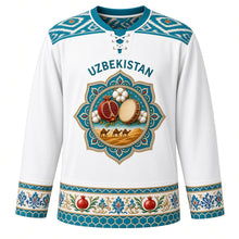Load image into Gallery viewer, Uzbekistan Original Hockey Jersey in Cotton White, front view – ornate suzani rosette crest with pomegranate, cotton and doira drum, ikat yoke, detailed artwork, custom name and number