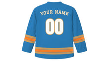 Load image into Gallery viewer, Valencia Original Hockey Jersey in Mediterranean Blue, back view with your name and number