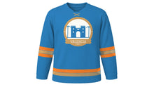 Load image into Gallery viewer, Valencia Original Hockey Jersey in Mediterranean Blue, front view – custom name and number