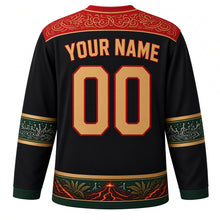 Load image into Gallery viewer, Vanuatu Original Hockey Jersey in Volcanic Black, back view with your name and number – sand-drawing loop yoke and water-music sleeve bands