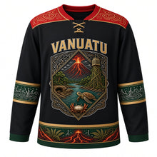 Load image into Gallery viewer, Vanuatu Original Hockey Jersey in Volcanic Black, front view – ornate sand-drawing diamond crest with Mount Yasur, land-diving tower and dugong, detailed artwork, custom name and number
