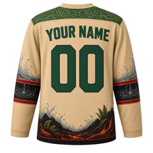 Load image into Gallery viewer, Vanuatu Original Hockey Jersey in Sandroing Gold, back view with your name and number – sand-drawing loop yoke and water-music sleeve bands
