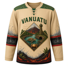 Load image into Gallery viewer, Vanuatu Original Hockey Jersey in Sandroing Gold, front view – ornate sand-drawing diamond crest with Mount Yasur, land-diving tower and dugong, detailed artwork, custom name and number