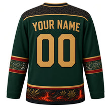 Load image into Gallery viewer, Vanuatu Original Hockey Jersey in Rainforest Green, back view with your name and number – sand-drawing loop yoke and water-music sleeve bands