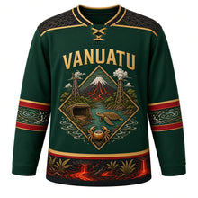 Load image into Gallery viewer, Vanuatu Original Hockey Jersey in Rainforest Green, front view – ornate sand-drawing diamond crest with Mount Yasur, land-diving tower and dugong, detailed artwork, custom name and number