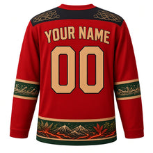 Load image into Gallery viewer, Vanuatu Original Hockey Jersey in Yasur Red, back view with your name and number – sand-drawing loop yoke and water-music sleeve bands