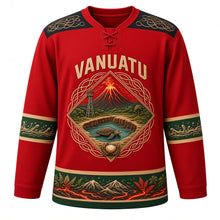 Load image into Gallery viewer, Vanuatu Original Hockey Jersey in Yasur Red, front view – ornate sand-drawing diamond crest with Mount Yasur, land-diving tower and dugong, detailed artwork, custom name and number