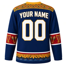 Load image into Gallery viewer, Venezuela Original Hockey Jersey in Caribbean Blue, back view with your name and number – Wayuu-inspired woven-diamond yoke and joropo harp-and-maracas sleeve bands